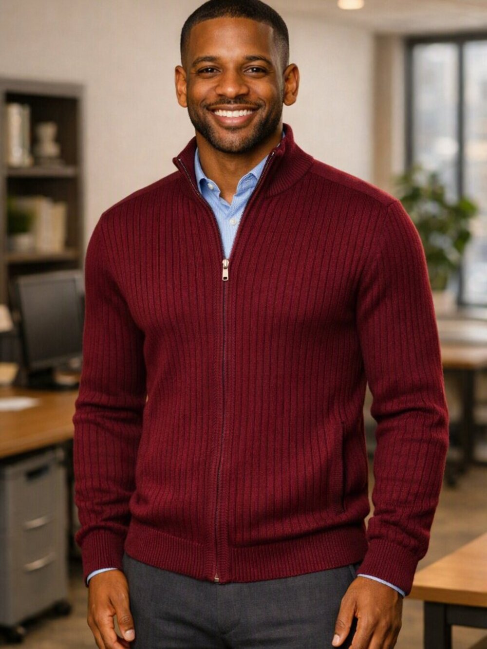 Men’s Burgundy Ribbed Zip‑Up Sweater | Modern Business Casual Layer | Polished